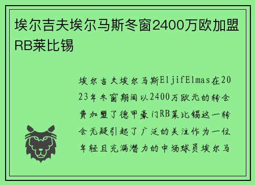埃尔吉夫埃尔马斯冬窗2400万欧加盟RB莱比锡