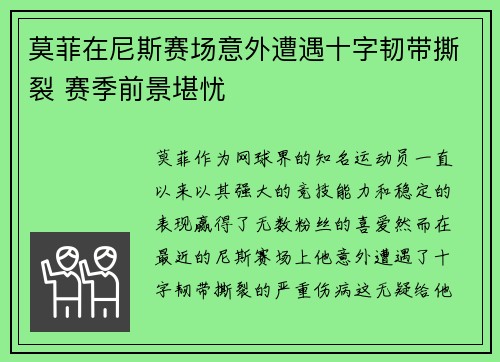 莫菲在尼斯赛场意外遭遇十字韧带撕裂 赛季前景堪忧 莫菲在尼斯赛场意外遭遇十字韧带撕裂 赛季前景堪忧